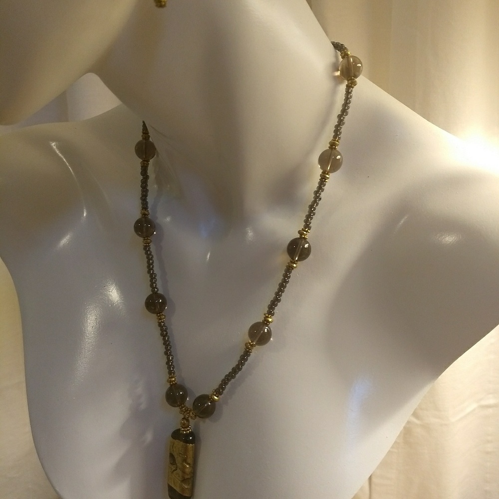 Ephe210 Smokey Quartz Necklace w Gold Leaf Pendant